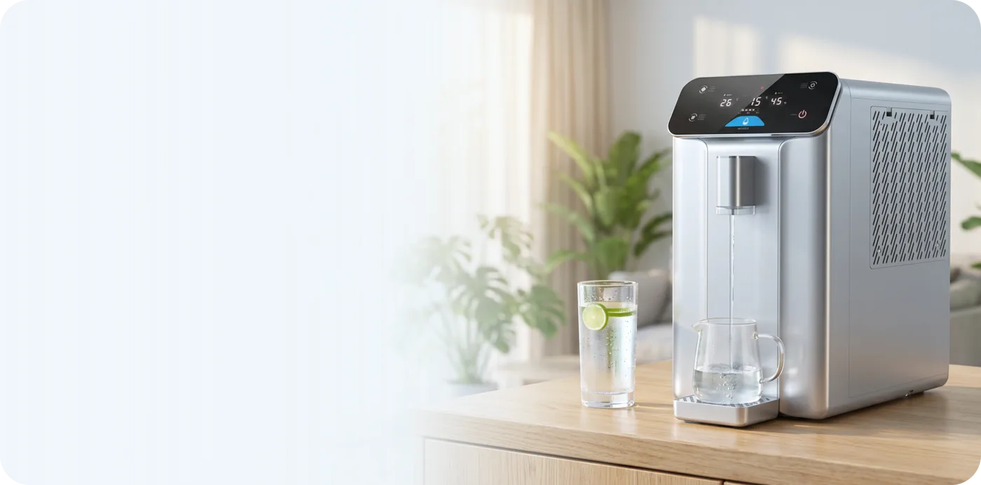 PureAir10 atmospheric water generator on a wooden countertop, filling a glass jug